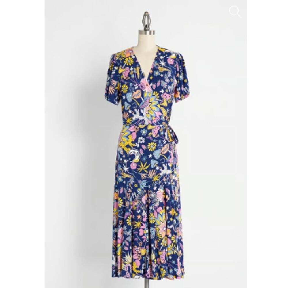 Modcloth Faux Wrap Midi Dress Size 2 Kaleidoscopic Dreamscape Moons Floral Print